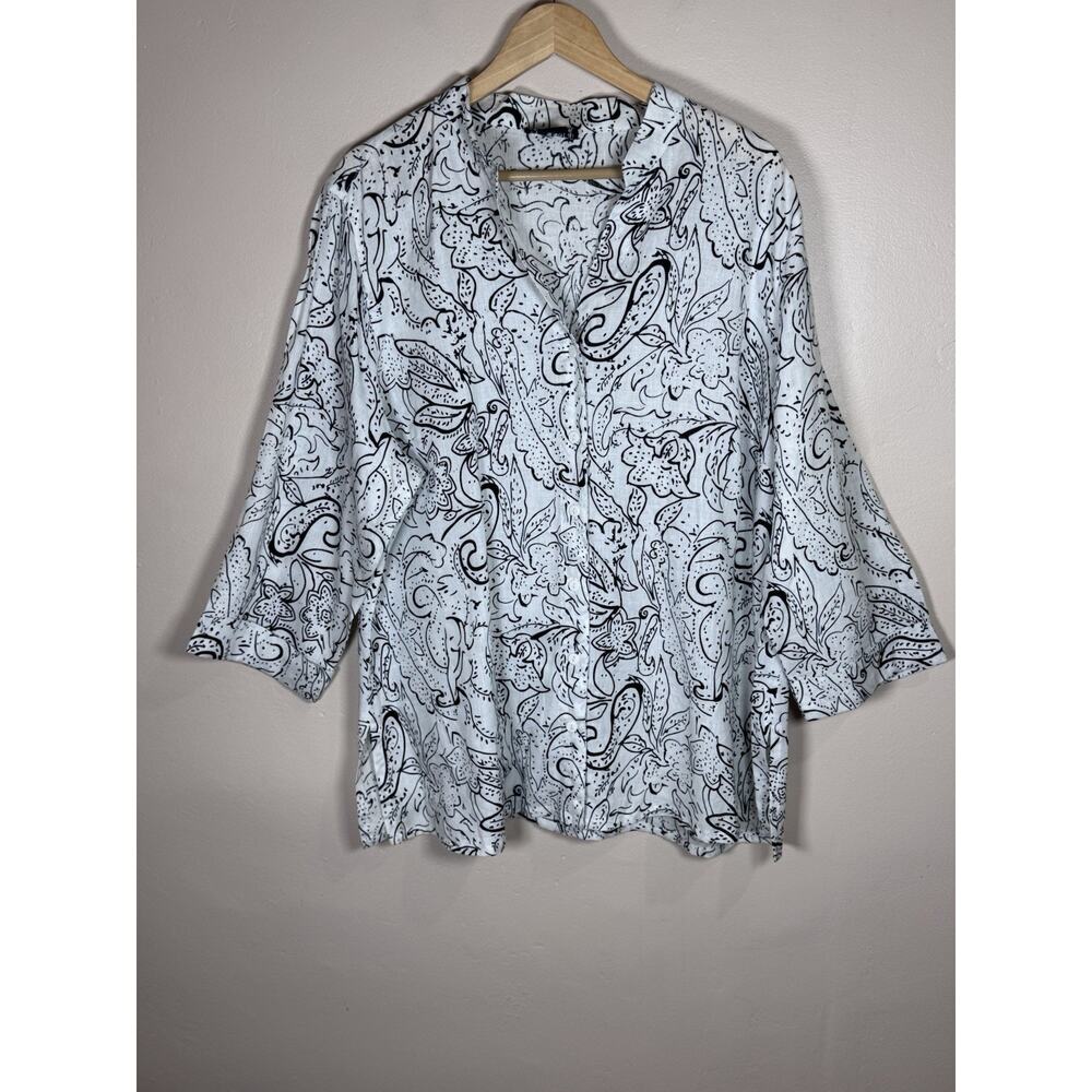 Carole Little Womens Plus Size Button Up Top Tunic 100% Linen Floral 2X Coastal